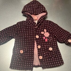 Pea coat with flower embroidery and patch stitching w hood